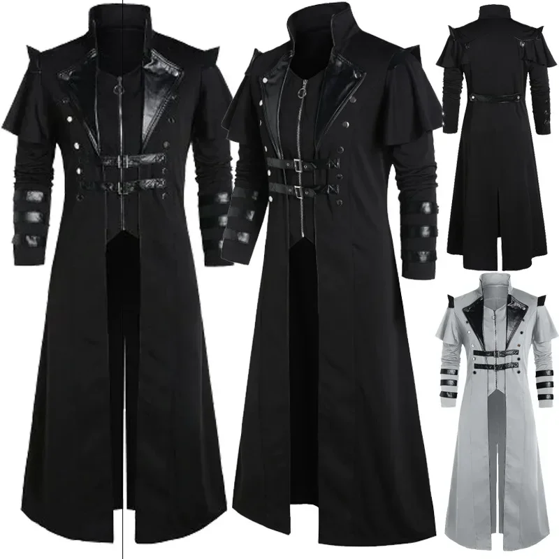 Vintage Fashion Jacket - ヴィンテージハロウィン中世スチームパンクエルフ海賊コスチューム大人男性用ロングスプリットジャケットゴシックアーマーレザーコート