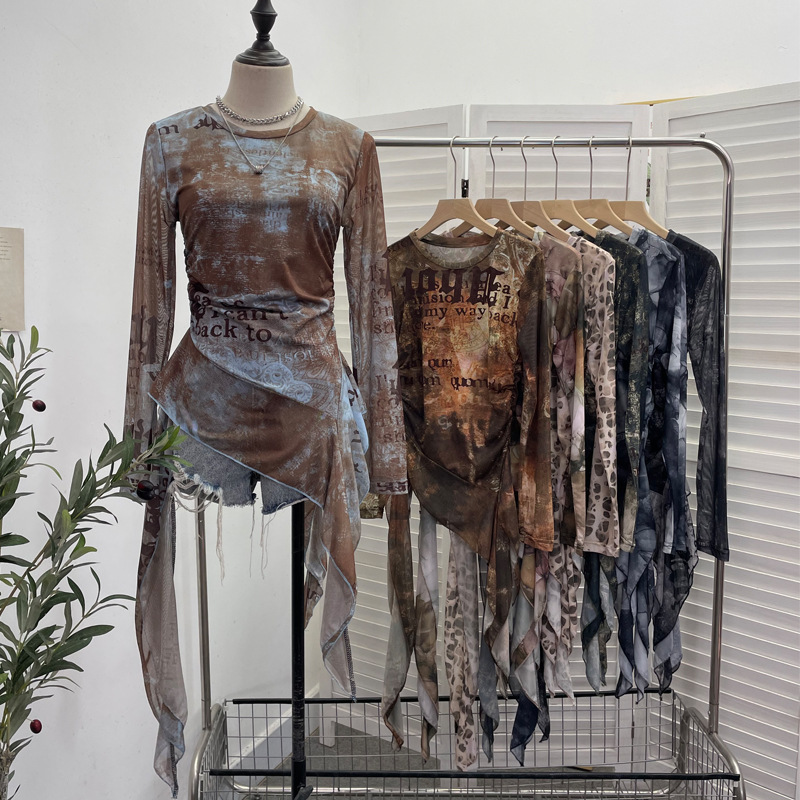Tie Dye Shirt Vintage - ISAROSE Y2K メッシュ Tシャツ 女性用 春秋