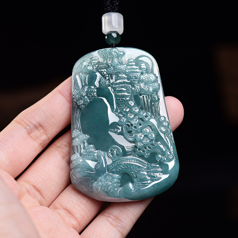 Vintage Fashion Necklace - 天然ビルマ翡翠風景ペンダントネックレスヴィンテージファッションお守り彫刻お守り本物の翡翠高級ギフト女性のための