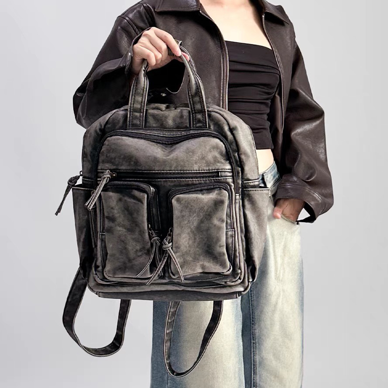 Vintage Fashion Trends - 高級ソフトウォッシュPUレザーバックパック、トレンドの女子向けカレッジバッグ、バイクバッグ、ヴィンテージ風多ポケットバックパック（女性用）