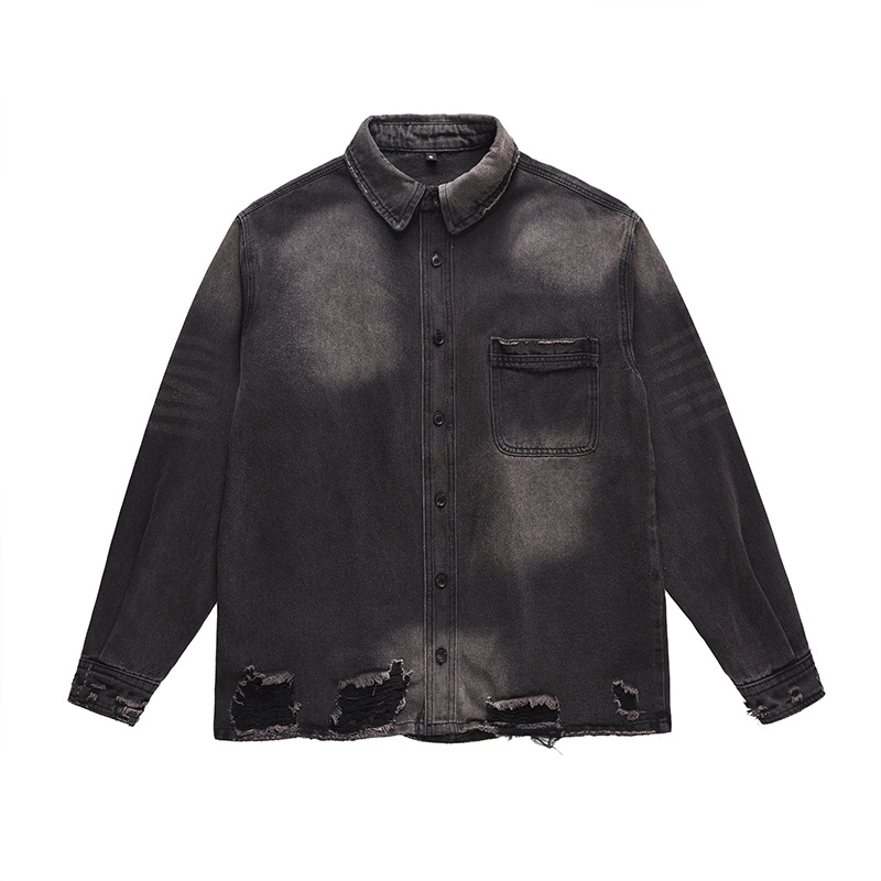 Vintage Fashion Y2K - メンズハイストリートリップドジーンズジャケットファッションストリートウェアウォッシュドヴィンテージルーズフィットY2Kダメージ加工デニムトラッカーコートアウターウェア
