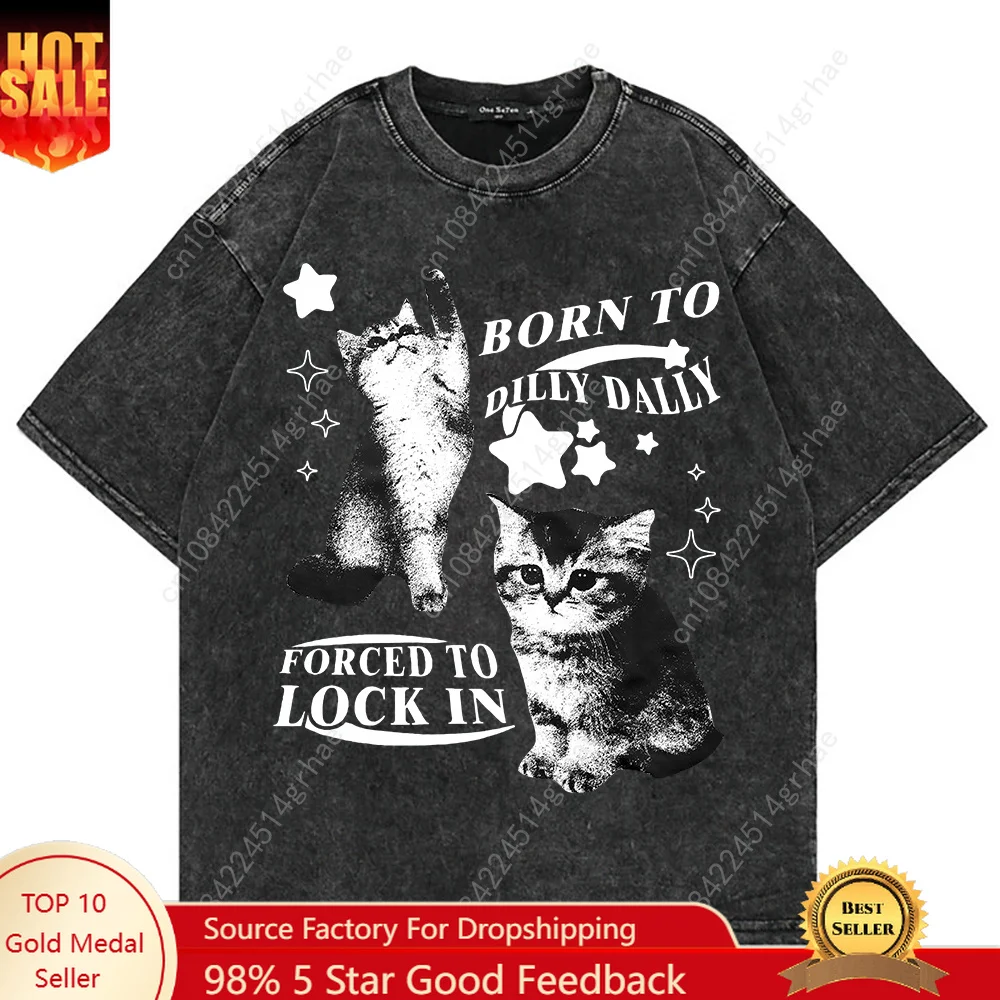 Vintage Fashion Y2K - 100% コットンヴィンテージウォッシュ Y2k 面白い猫ミーム Tシャツファッション男性/女性美的グラフィックオーバーサイズルーズ酸洗い Tシャツシャツ