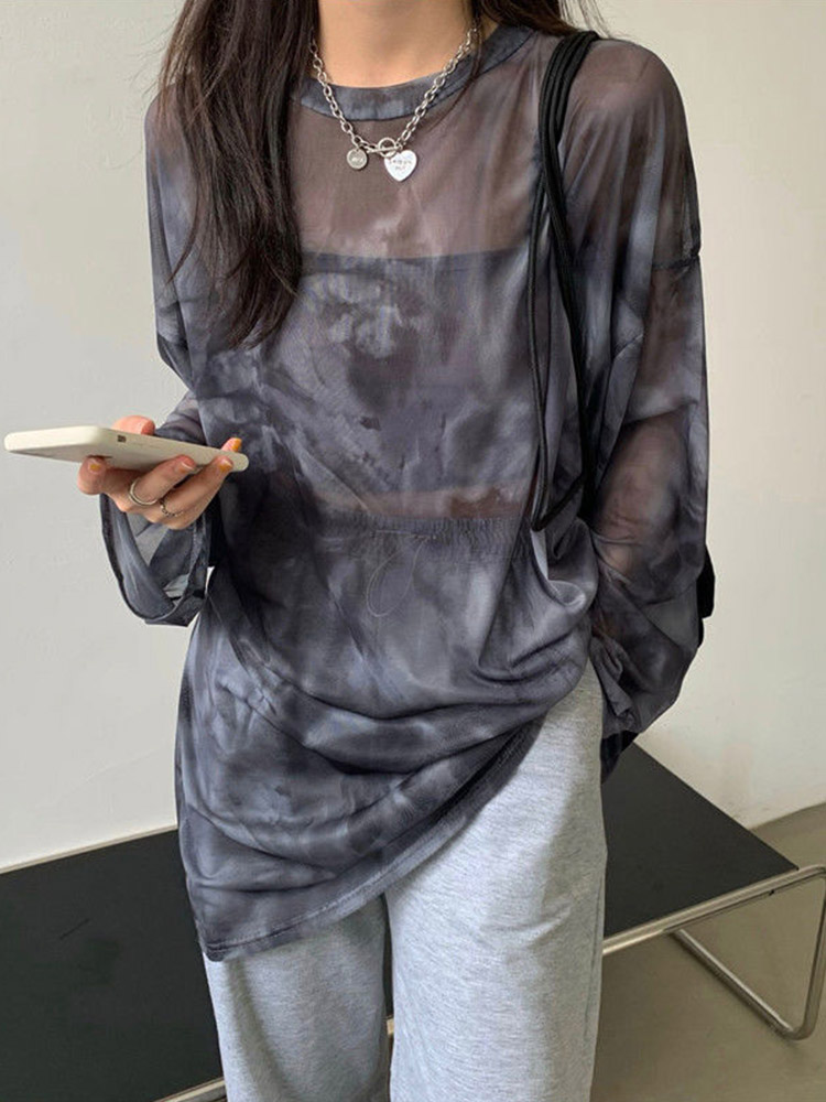 Tie Dye Shirt Vintage - Tシャツ女性タイダイ長袖レディース春ルーズハイストリートスタイリッシュな薄いレジャーミニマリスト原宿イン快適なシック