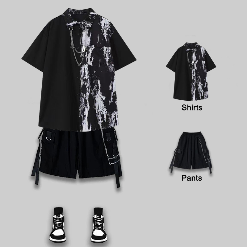 Tie Dye Shirt Vintage - スタイリッシュなメンズサマースーツ,ヴィンテージ,ブラック,ネクタイ,チェーンシャツ,カーゴパンツ,スプライスジャケット,半袖シャツ,チェーンショーツ