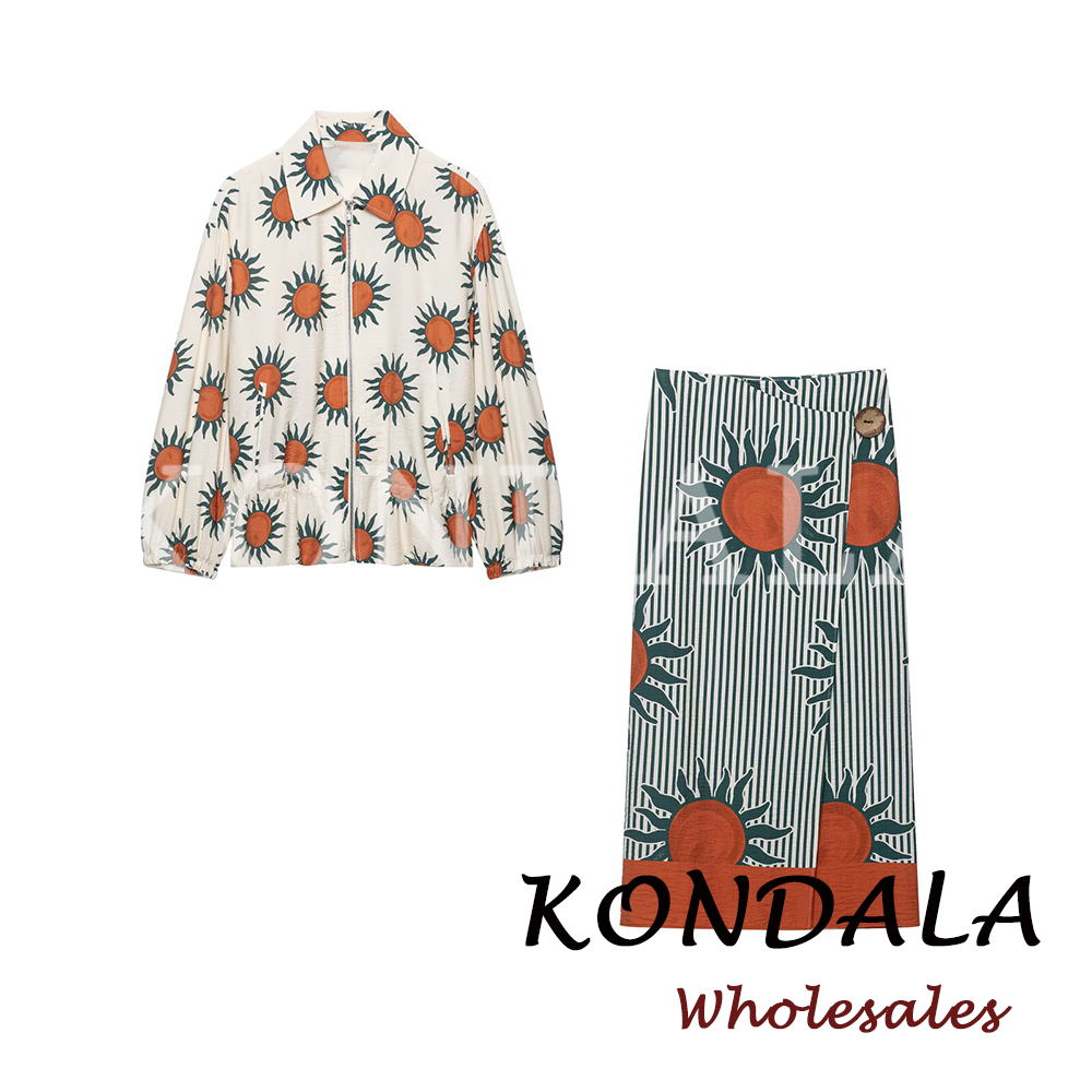 Vintage Fashion Jacket - KONDALA チックプリント 秋のレディーススーツ ジッパーパイロットジャケット + ヴィンテージロングスカート