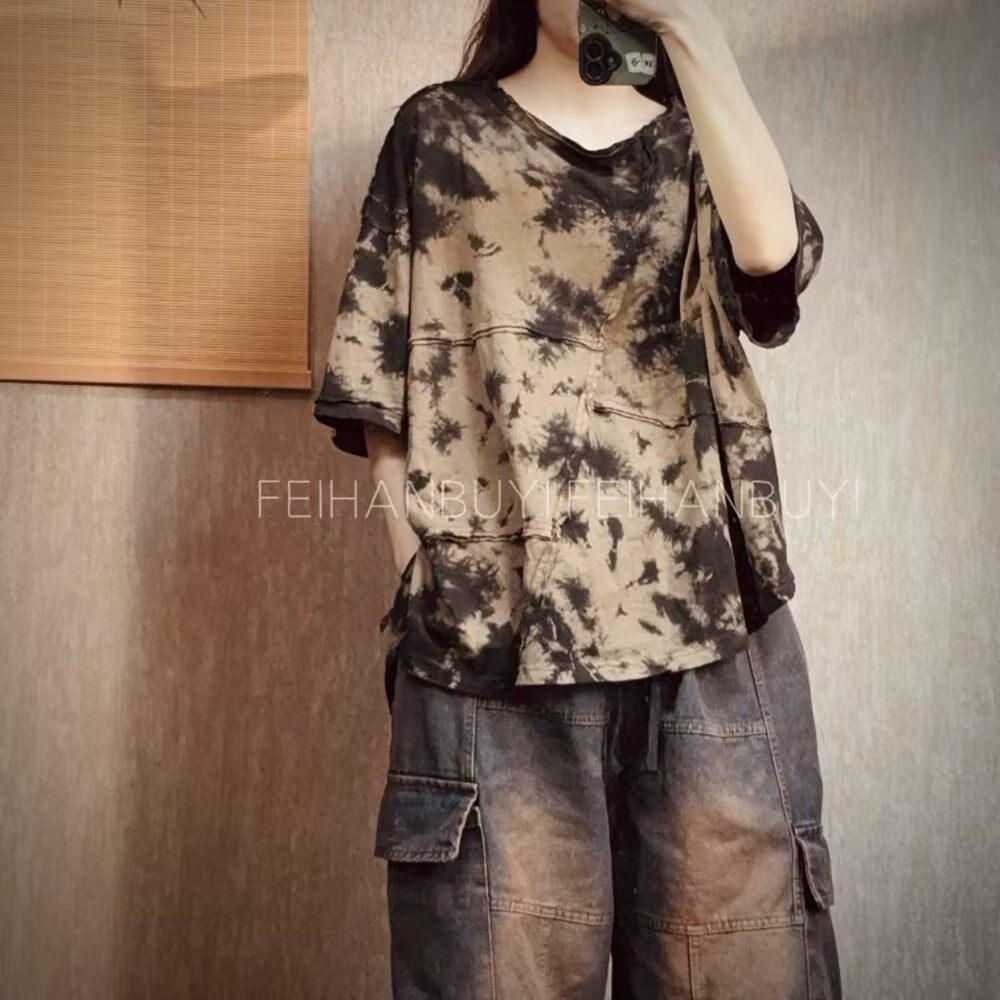 Tie Dye Shirt Vintage - 2026 夏新アートスタイル女性 O ネックルーズ Tシャツシャツ綿 100%
