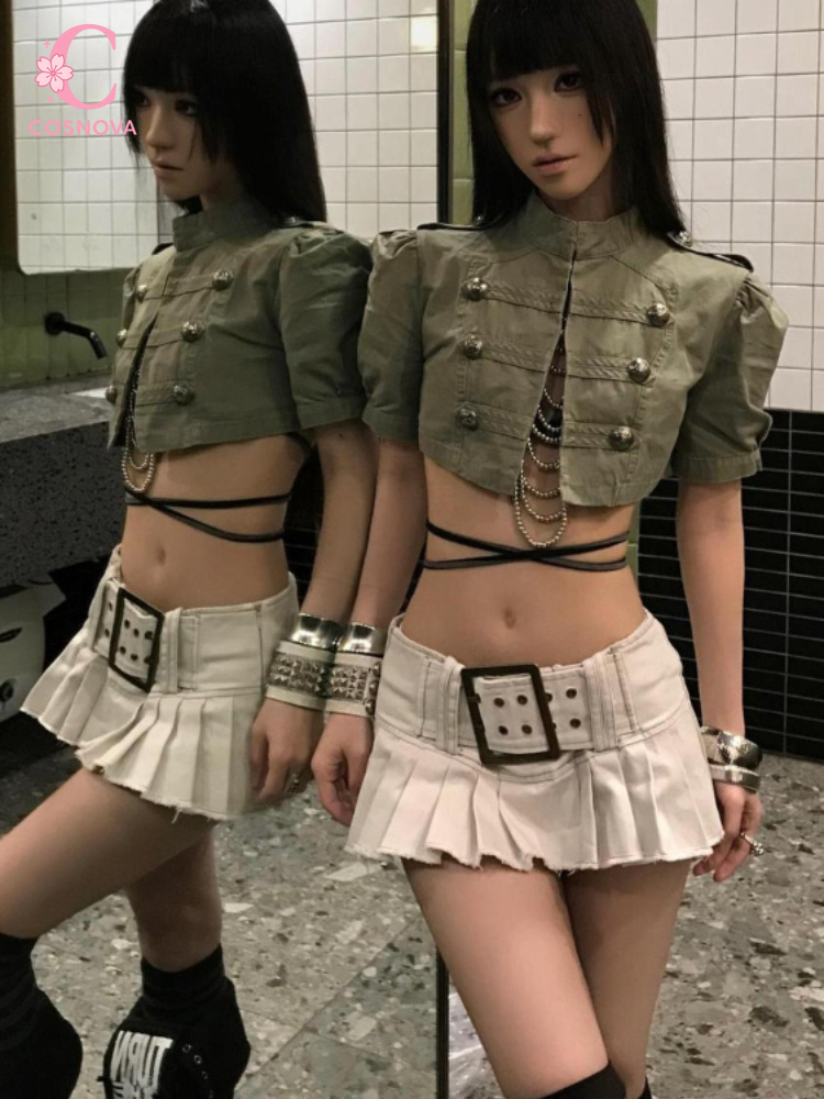 Vintage Fashion Jacket - ヴィンテージパンクバディーナポレオン風レディースツーピースセット クロップドファッションジャケット チェーンハイウエストプリーツミニスカート フレンチエンパイアスタイル