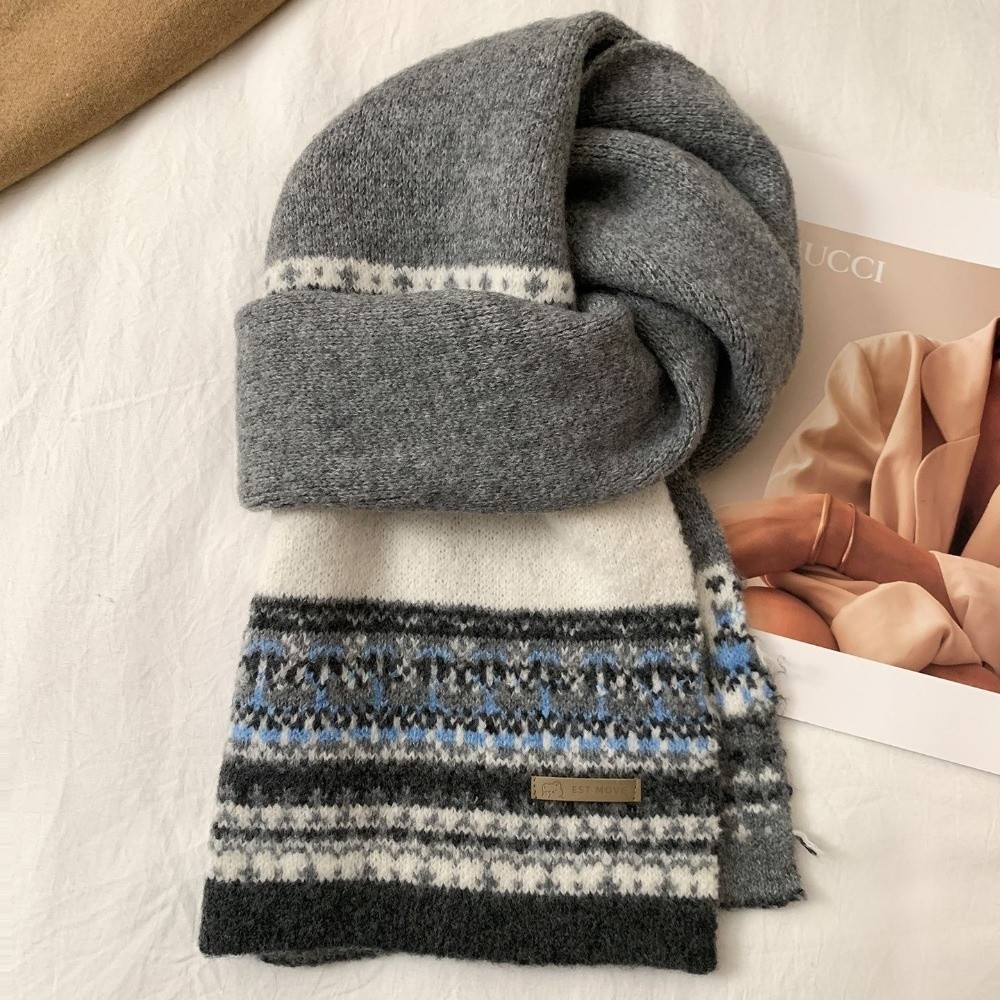 Vintage Fashion Faire - 新しいフェアアイル柄パッチワークスカーフ ヴィンテージデザイン 保温ネックウォーマー 厚手ロングショール 女性用