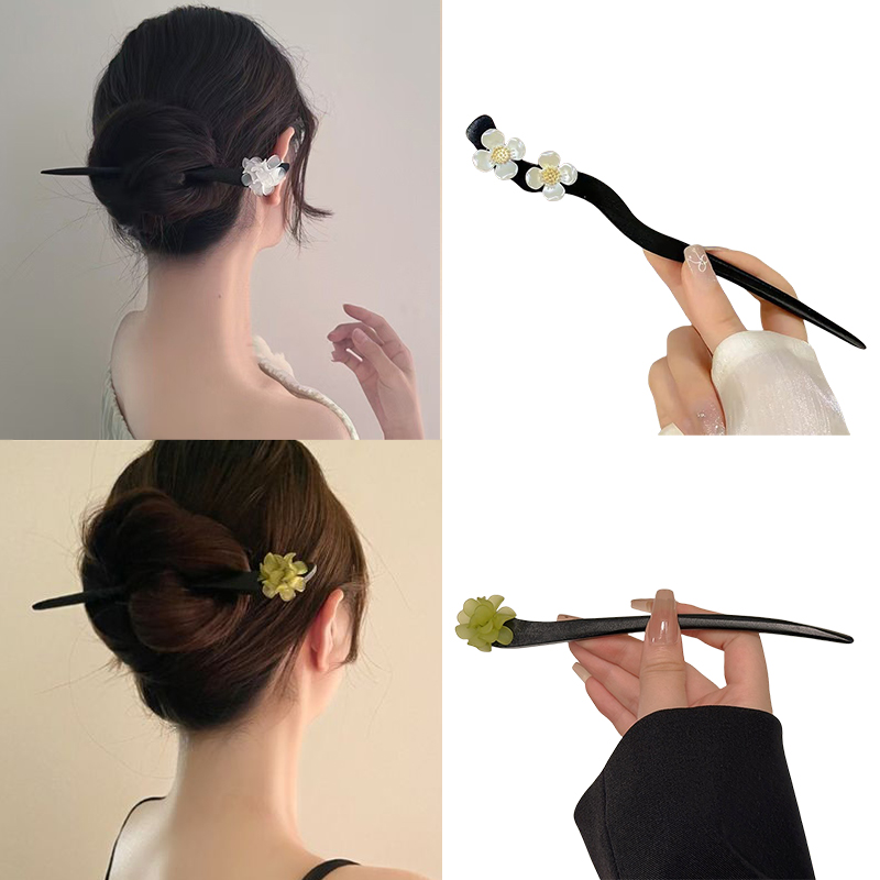 Vintage Fashion Outfit - ヴィンテージ中国風の木製花ヘアスティックパールヘアピンジュエリー女性のための気質ヘアアクセサリーウェディングスタイリング gif