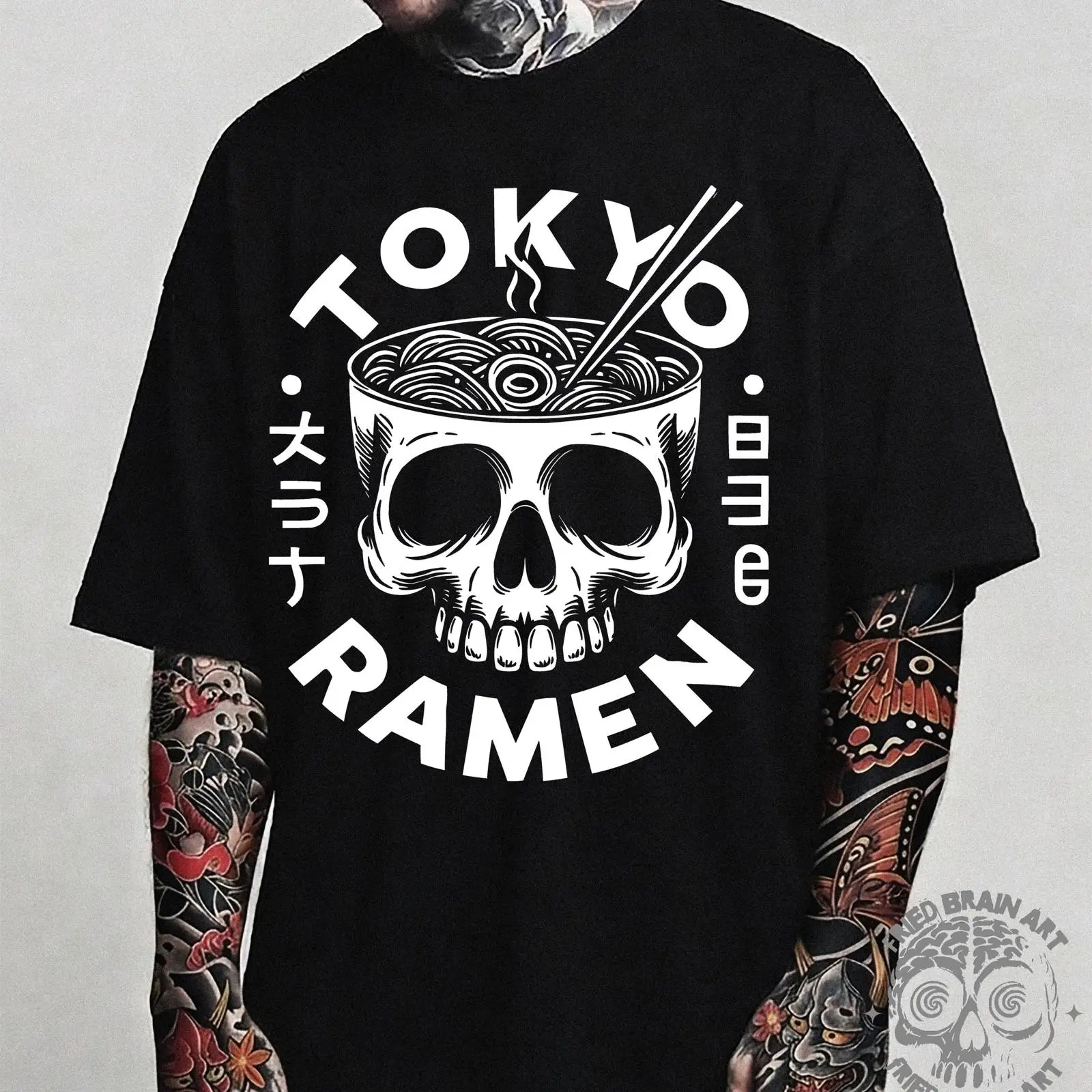 Vintage Fashion In Tokyo - 東京スカルラーメン Tシャツ 日本の食好き向け ヴィンテージ ウォッシュ加工 ちょっと快適なグラフィック