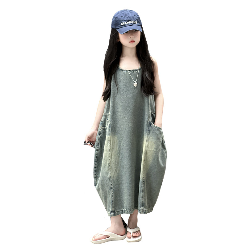 Vintage Fashion Outfit - ヴィンテージブルー子供女の子高品質ノースリーブデニムドレスストリート衣装ファッション夏の子供の高級ジーンズ服