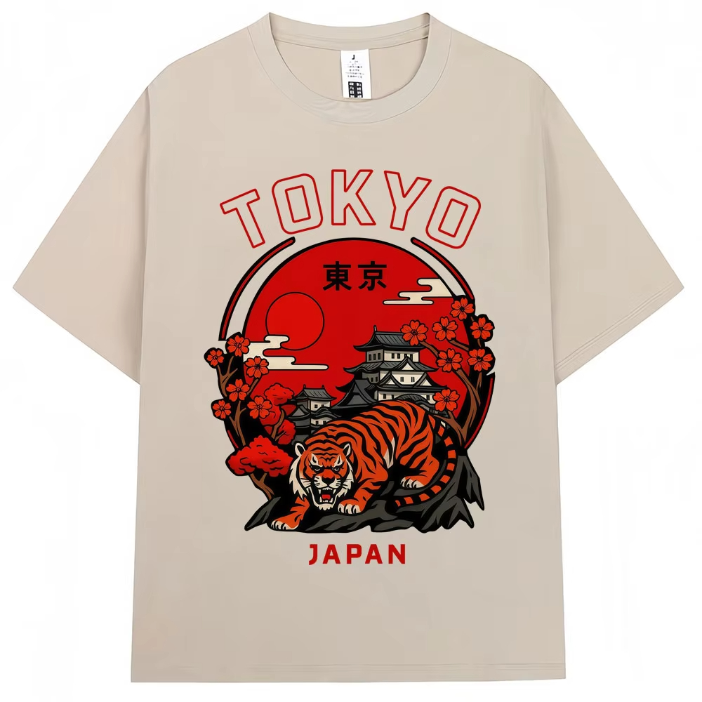Vintage Fashion In Tokyo - 日本風東京タイガー桜柄グラフィックTシャツ メンズ レディース ファッション ヴィンテージ 半袖