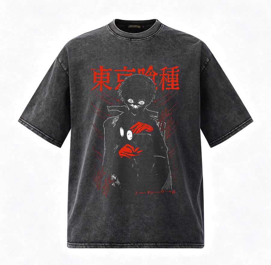 Vintage Fashion In Tokyo - ヴィンテージウォッシュアニメ東京グールカネキケン Tシャツメンズレディース服ファッションカジュアルコットンオーバーサイズ半袖 Tシャツ