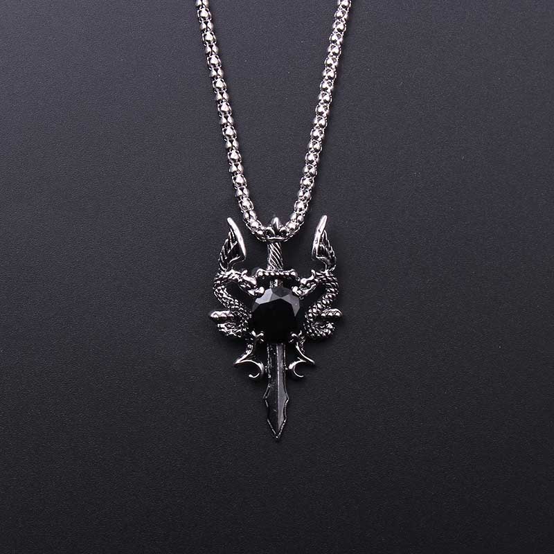 Vintage Fashion Necklace - ダブルドラゴンブラックジェムクロスネックレスパンクパーソナライズされたペンダントジュエリーアクセサリー女性男性用トレンディなギフト