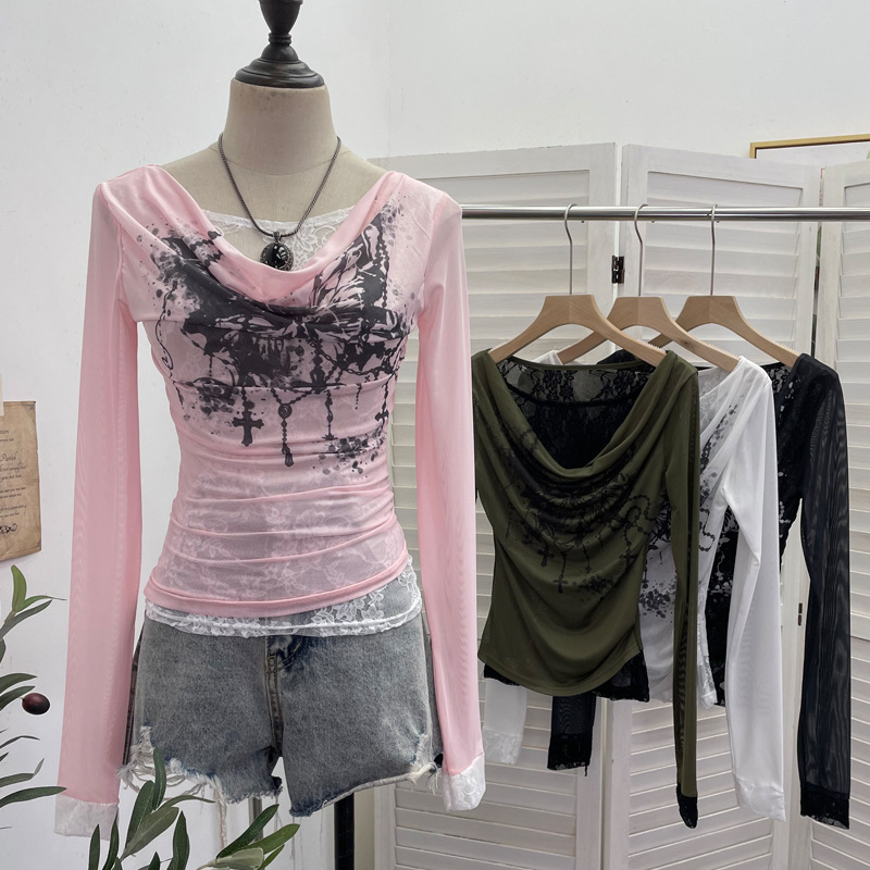 Tie Dye Shirt Vintage - 女性カジュアルレーススプライシングメッシュ長袖 Tシャツレトロプリントハロウィン偽ツーピーススイングカラースリムフィットインナートップ 8035