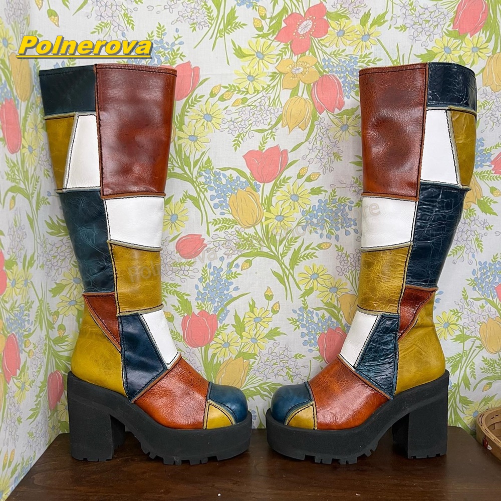 女性レトロパッチワークレザーニーハイブーツカラーブロックチャ - Vintage Fashion Y2K のレビューと価格