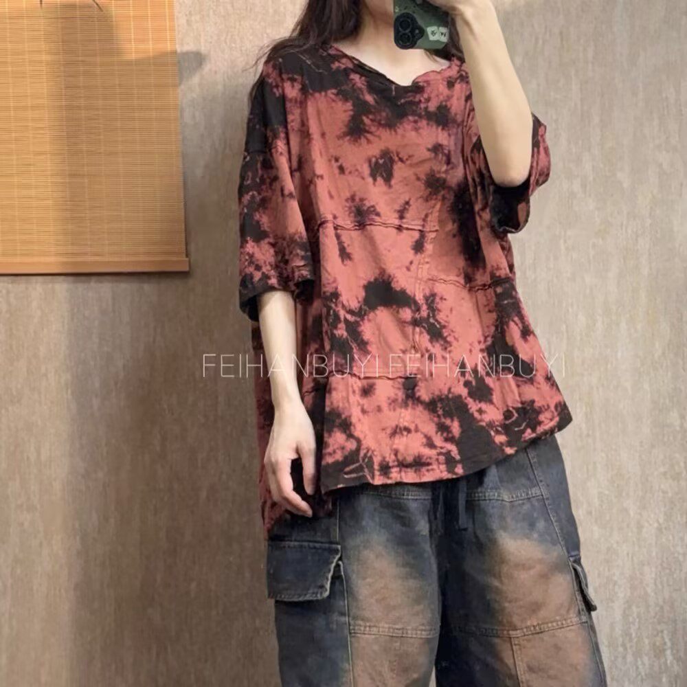 2026 夏新アートスタイル女性 O ネックルーズ Tシャツ - Tie Dye Shirt Vintage のレビューと価格