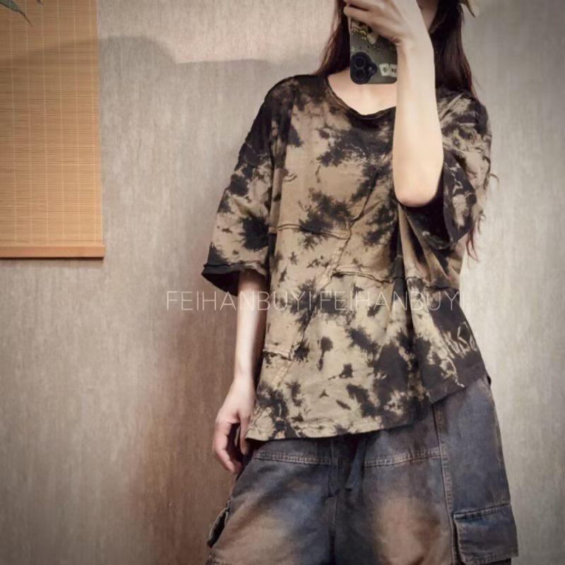 2026 夏新アートスタイル女性 O ネックルーズ Tシャツ - Tie Dye Shirt Vintage のレビューと価格