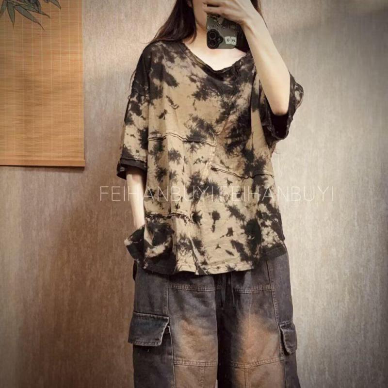2026 夏新アートスタイル女性 O ネックルーズ Tシャツ - Tie Dye Shirt Vintage のレビューと価格