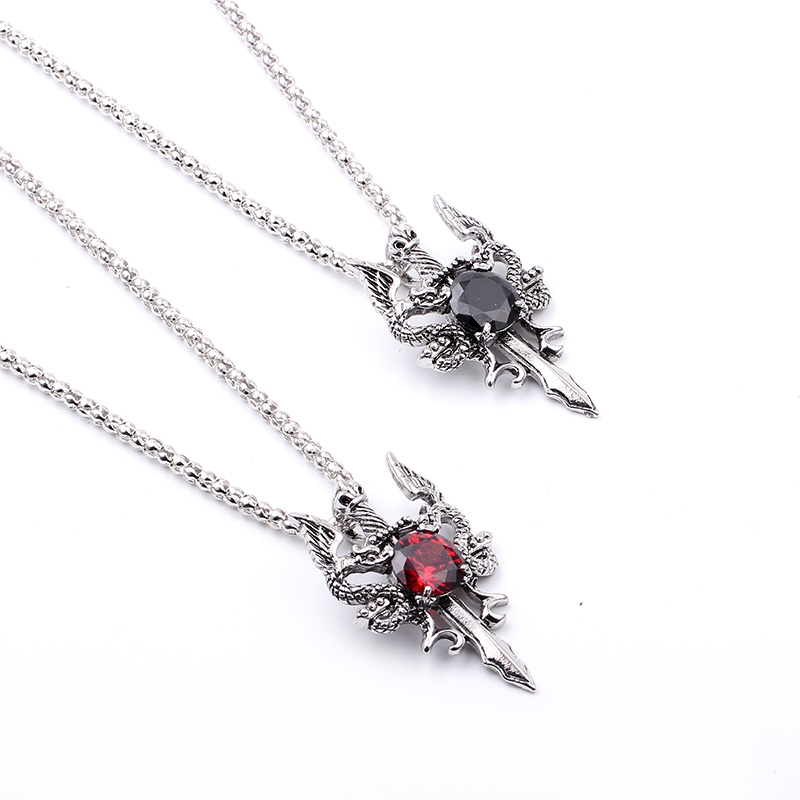 ダブルドラゴンブラックジェムクロスネックレスパンクパーソナラ - Vintage Fashion Necklace のレビューと価格