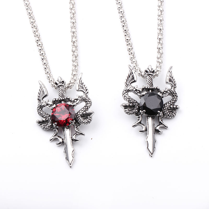 ダブルドラゴンブラックジェムクロスネックレスパンクパーソナラ - Vintage Fashion Necklace のレビューと価格