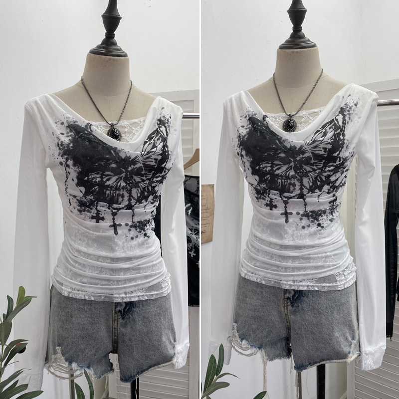 女性カジュアルレーススプライシングメッシュ長袖 Tシャツレト - Tie Dye Shirt Vintage のレビューと価格