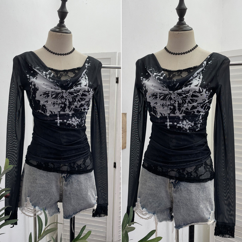 女性カジュアルレーススプライシングメッシュ長袖 Tシャツレト - Tie Dye Shirt Vintage のレビューと価格