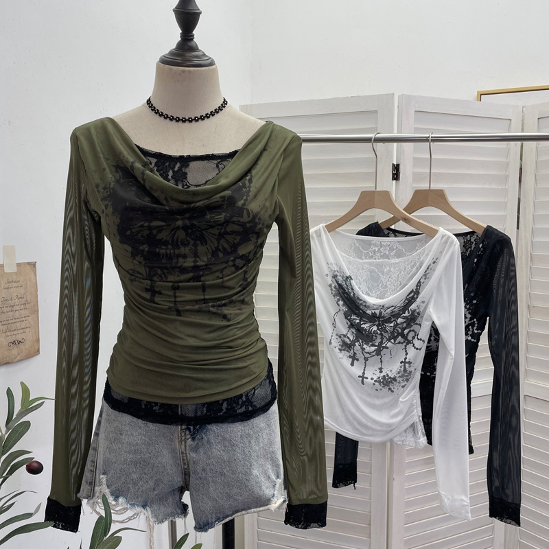 女性カジュアルレーススプライシングメッシュ長袖 Tシャツレト - Tie Dye Shirt Vintage のレビューと価格